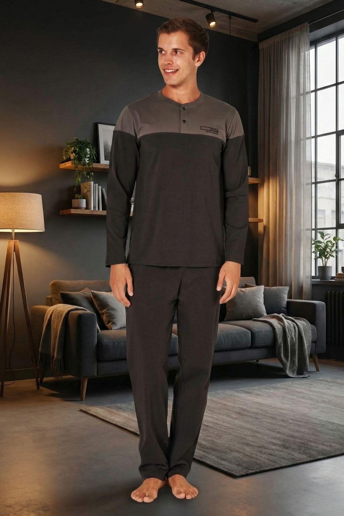 Erkek Antrasit %100 Pamuk Uzun Kollu Pijama Takımı Rahat Kalıp