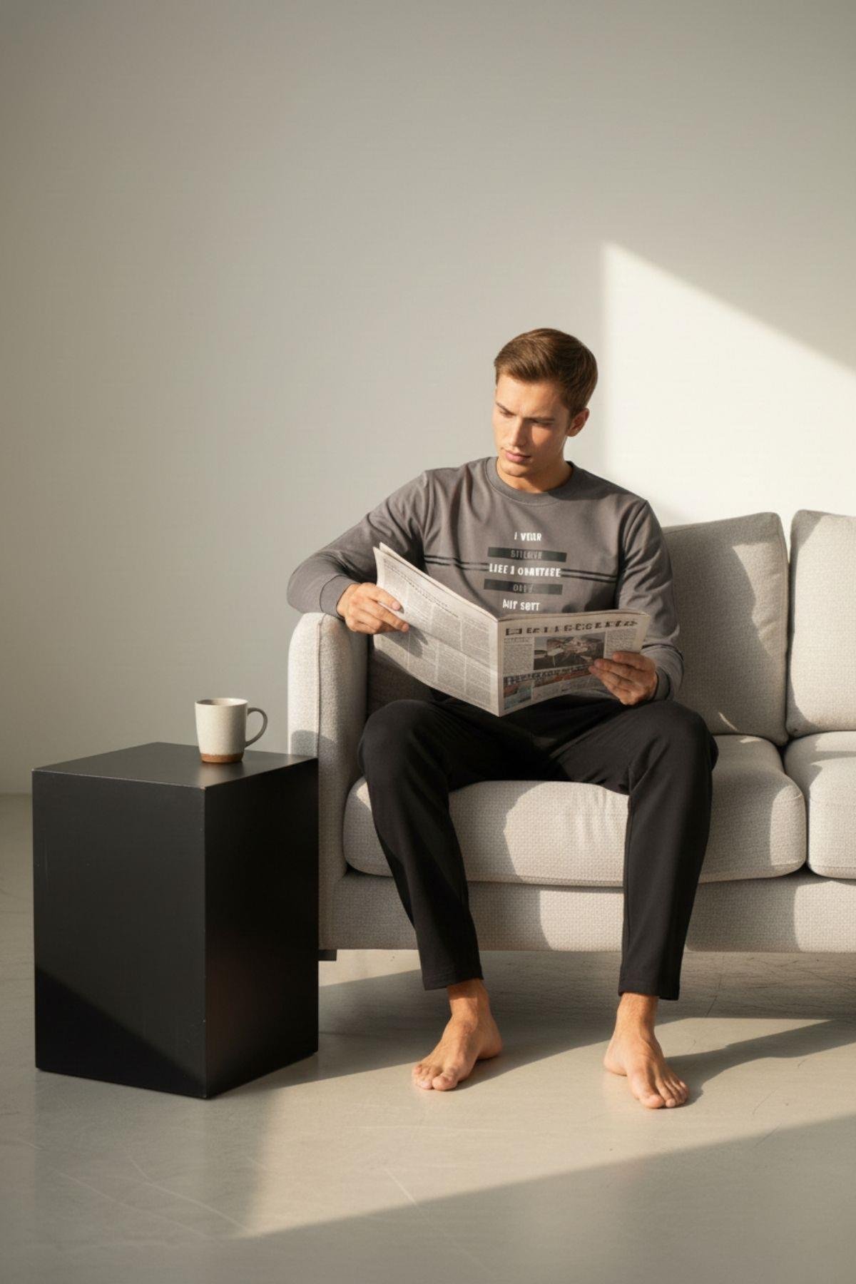 Erkek Antrasit Uzun Kollu %100 Pamuk Pijama Takımı Rahat ve Yumuşak Dokulu