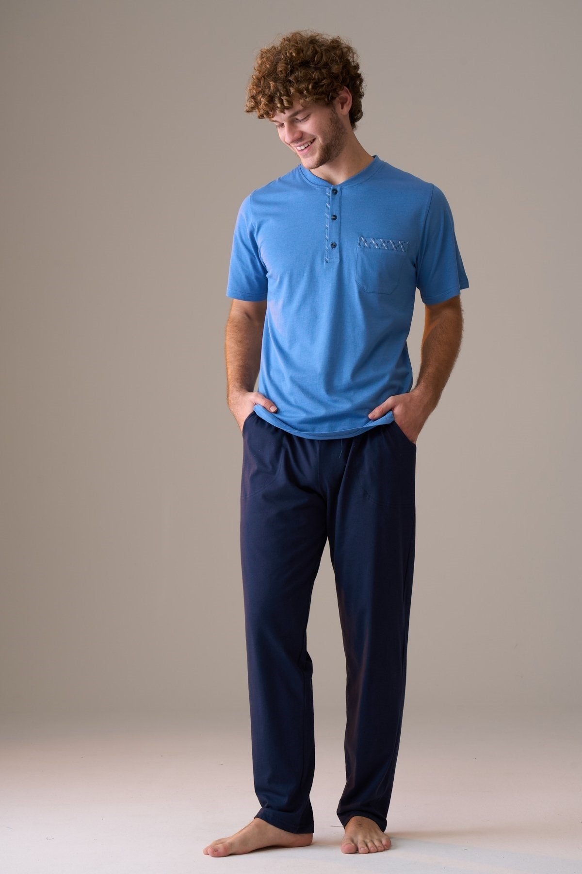Erkek Kısa Kol Düğmeli Yaka %100 Pamuk Pijama Takımı Mavi