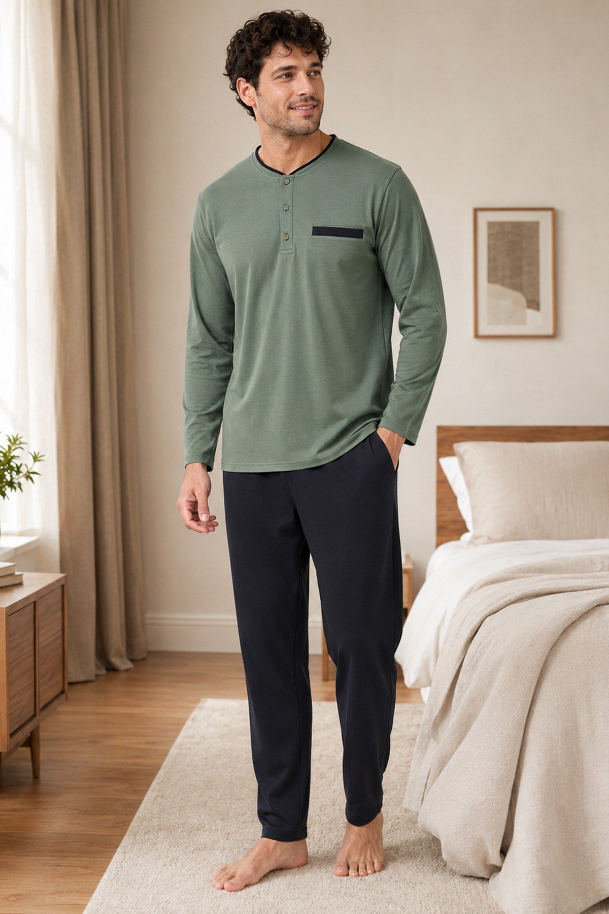 Erkek Uzun Kol %100 Pamuk Büyük Beden Pijama Takımı Haki