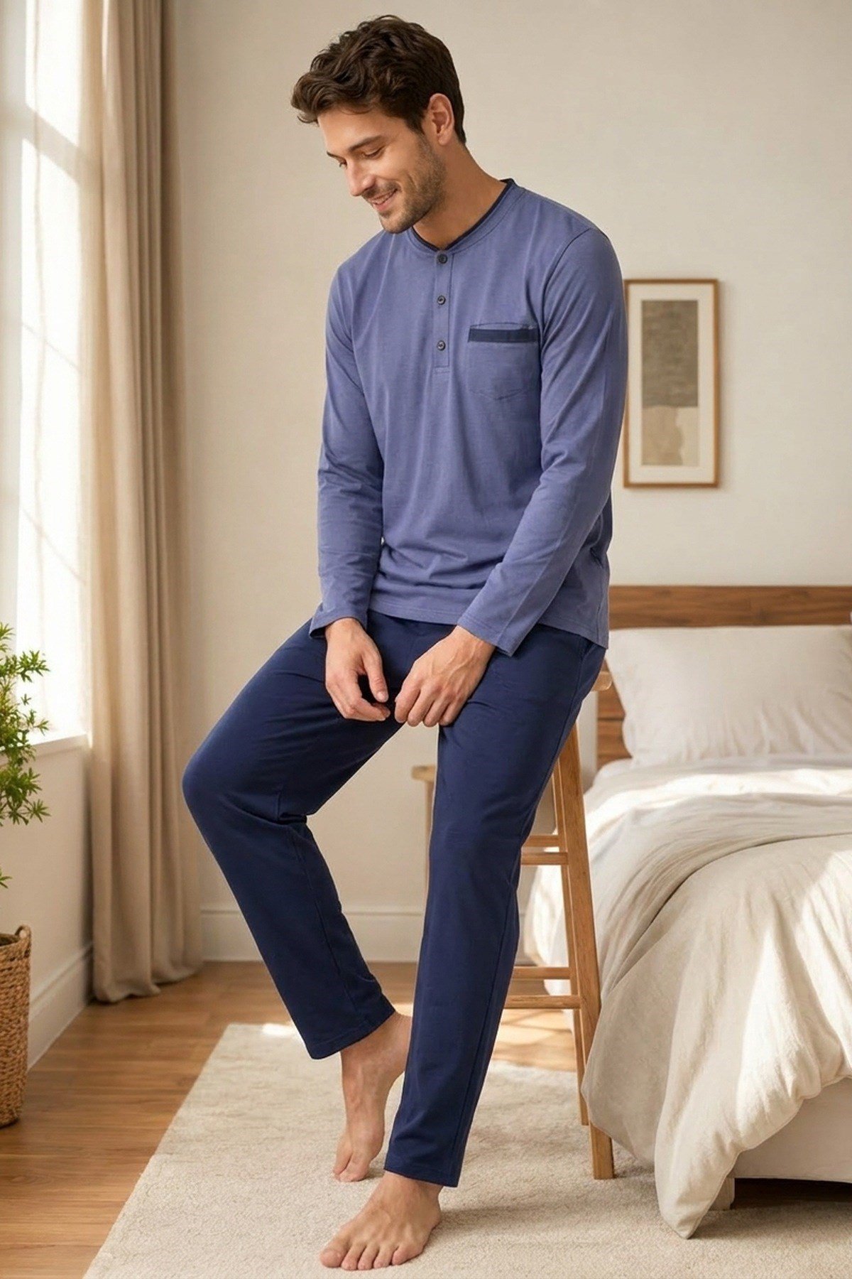 Erkek Uzun Kol %100 Pamuk Büyük Beden Pijama Takımı Mavi