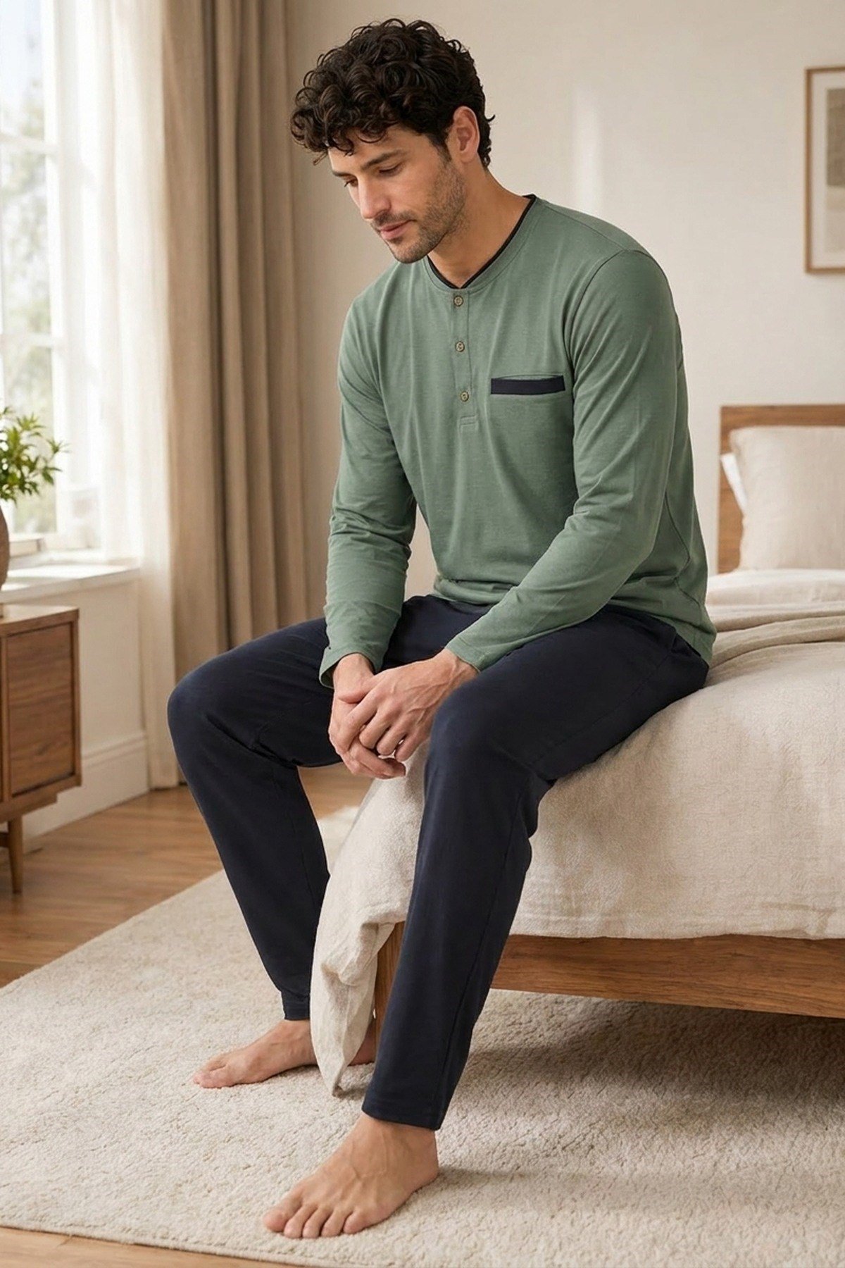 Erkek Uzun Kol %100 Pamuk Büyük Beden Pijama Takımı Haki