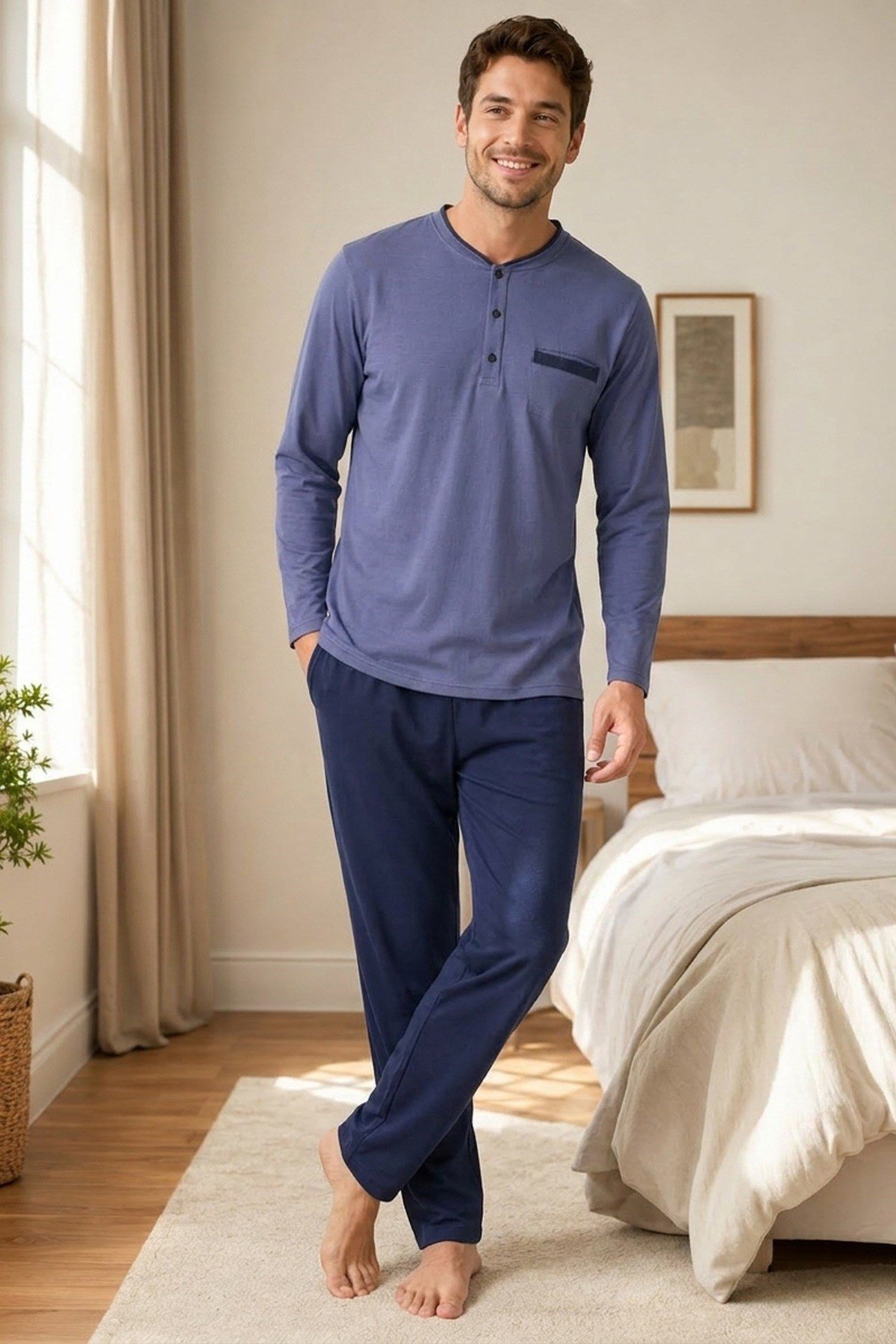 Erkek Uzun Kol %100 Pamuk Büyük Beden Pijama Takımı Mavi