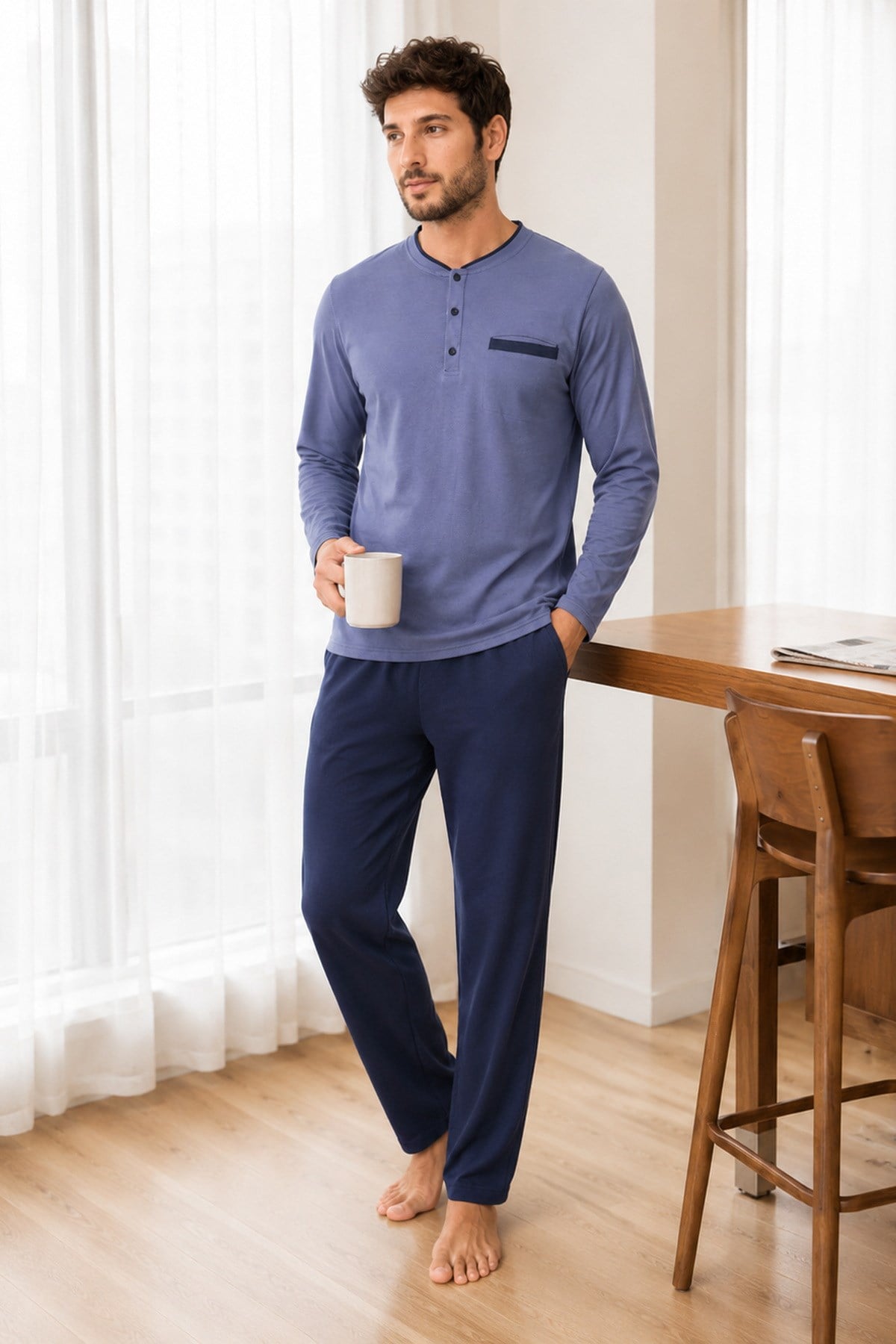 Erkek Uzun Kol %100 Pamuk Pijama Takımı Lacivert