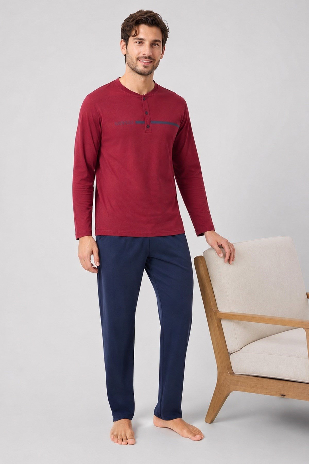 Erkek Uzun Kol %100 Pamuk Pijama Takımı Bordo