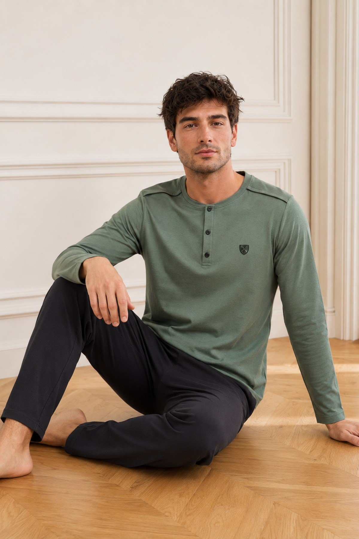 Erkek Uzun Kol %100 Pamuk Pijama Takımı Haki