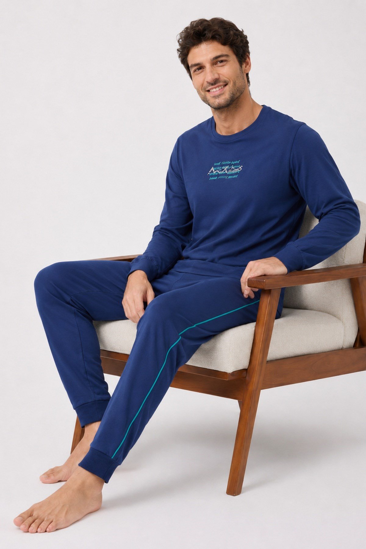 Erkek Uzun Kol %100 Pamuk Pijama Takımı Lacivert