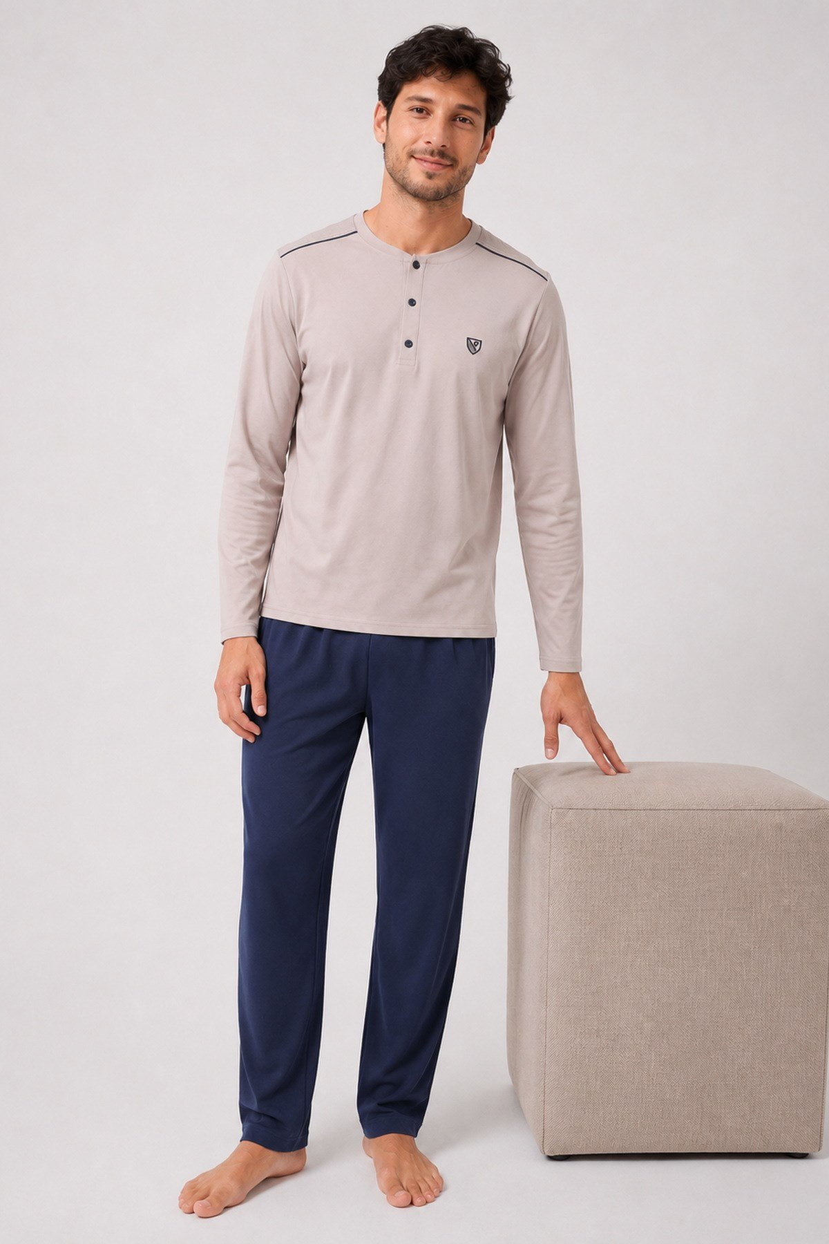 Erkek Uzun Kol %100 Pamuk Pijama Takımı Bej