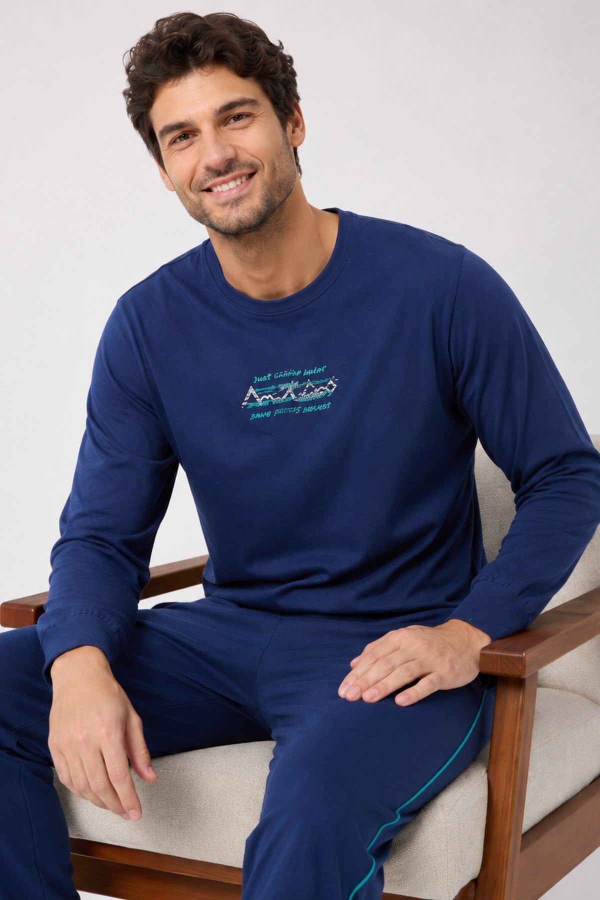 Erkek Uzun Kol %100 Pamuk Pijama Takımı Lacivert