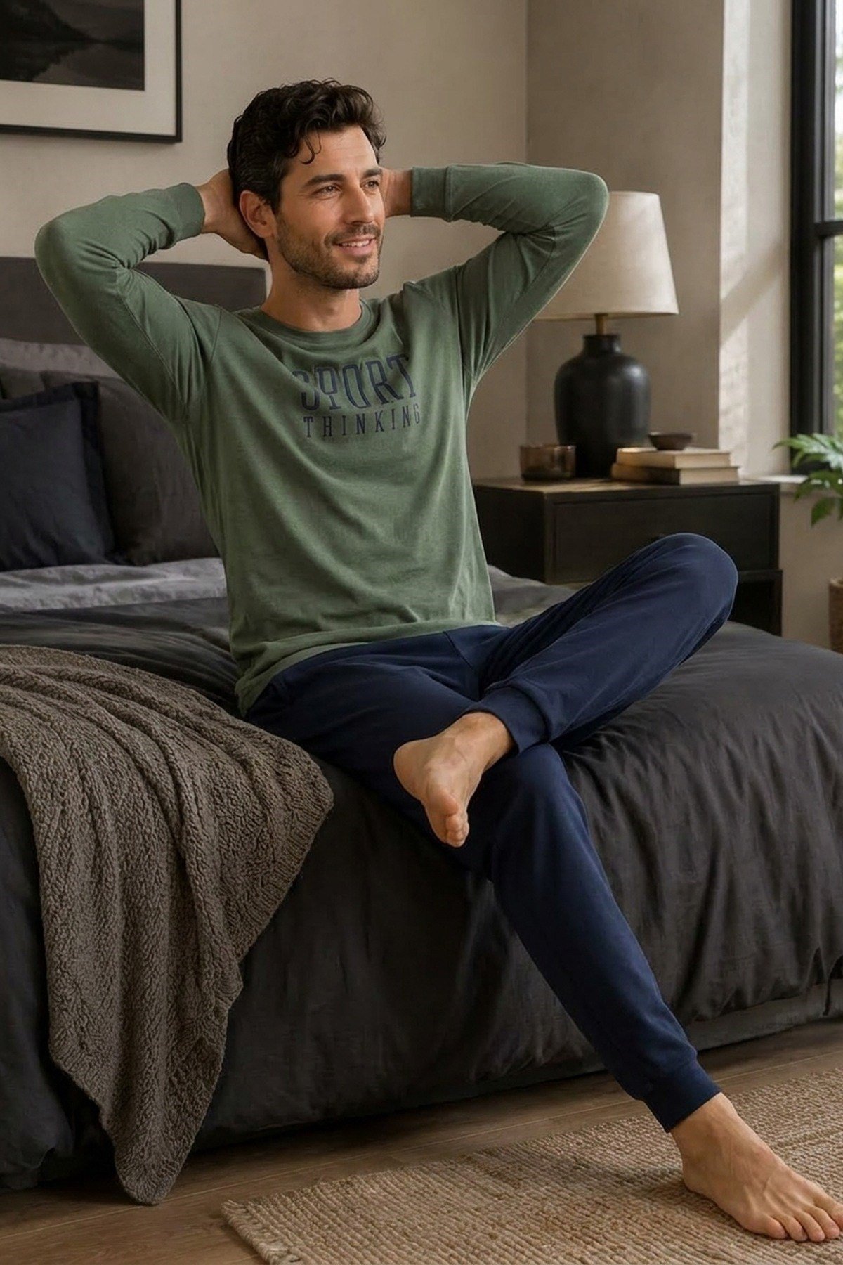 Erkek Uzun Kol %100 Pamuk Pijama Takımı Haki