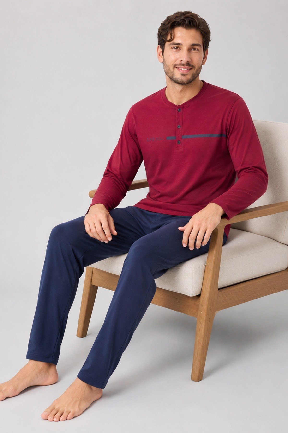 Erkek Uzun Kol %100 Pamuk Pijama Takımı Bordo