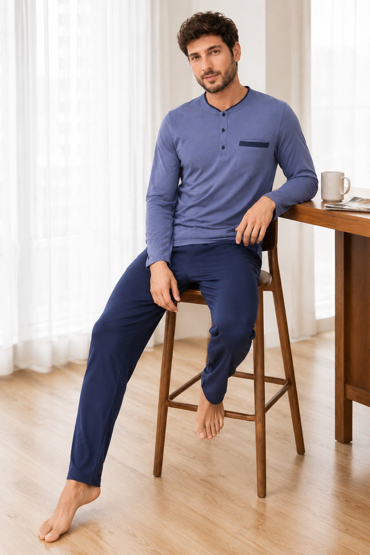 Erkek Uzun Kol %100 Pamuk Pijama Takımı Lacivert
