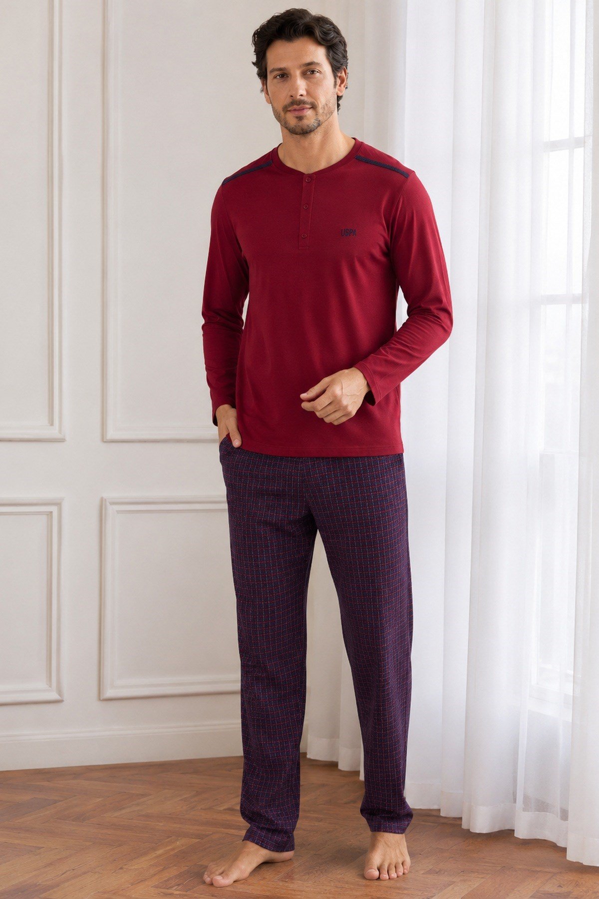 Erkek Uzun Kol %100 Pamuk Pijama Takımı Bordo
