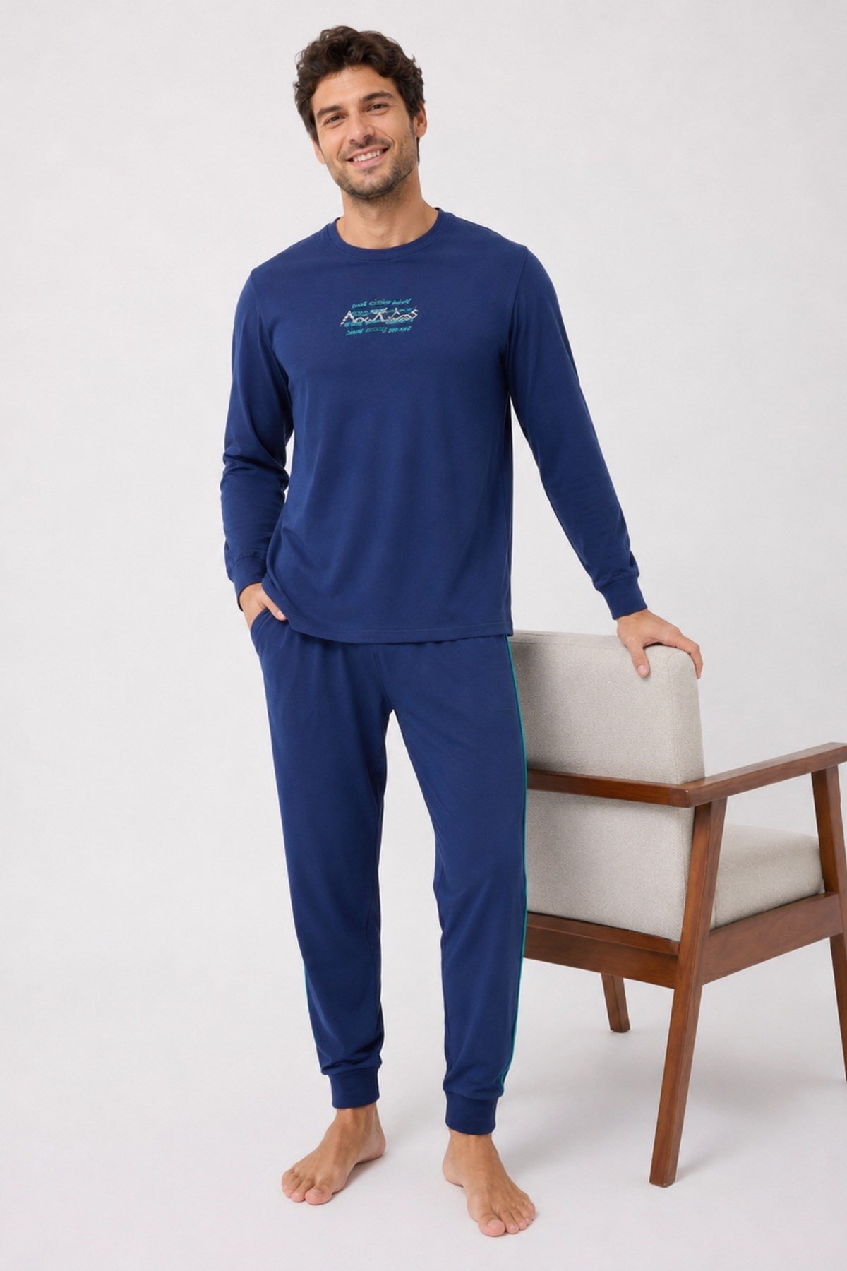 Erkek Uzun Kol %100 Pamuk Pijama Takımı Lacivert