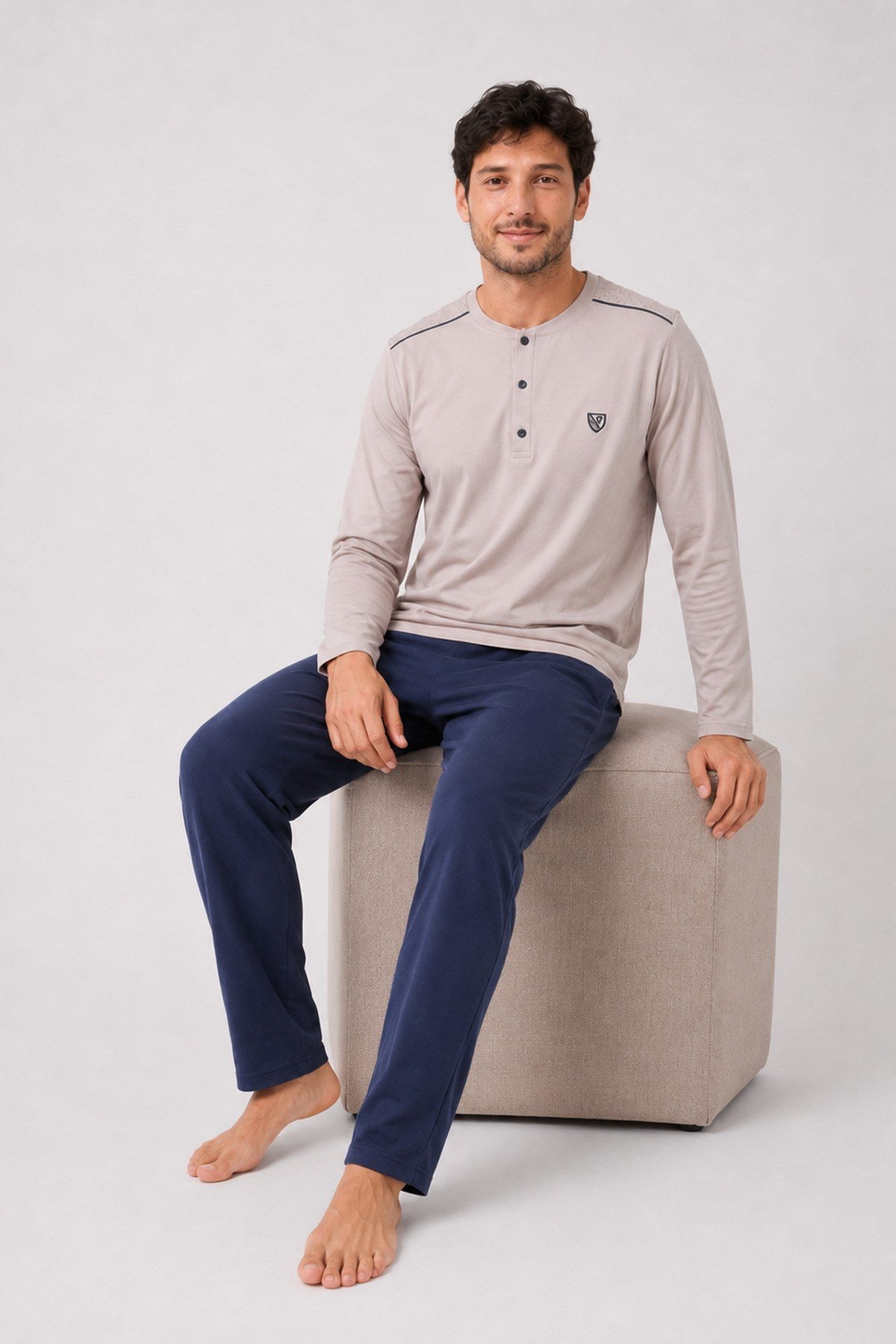 Erkek Uzun Kol %100 Pamuk Pijama Takımı Bej