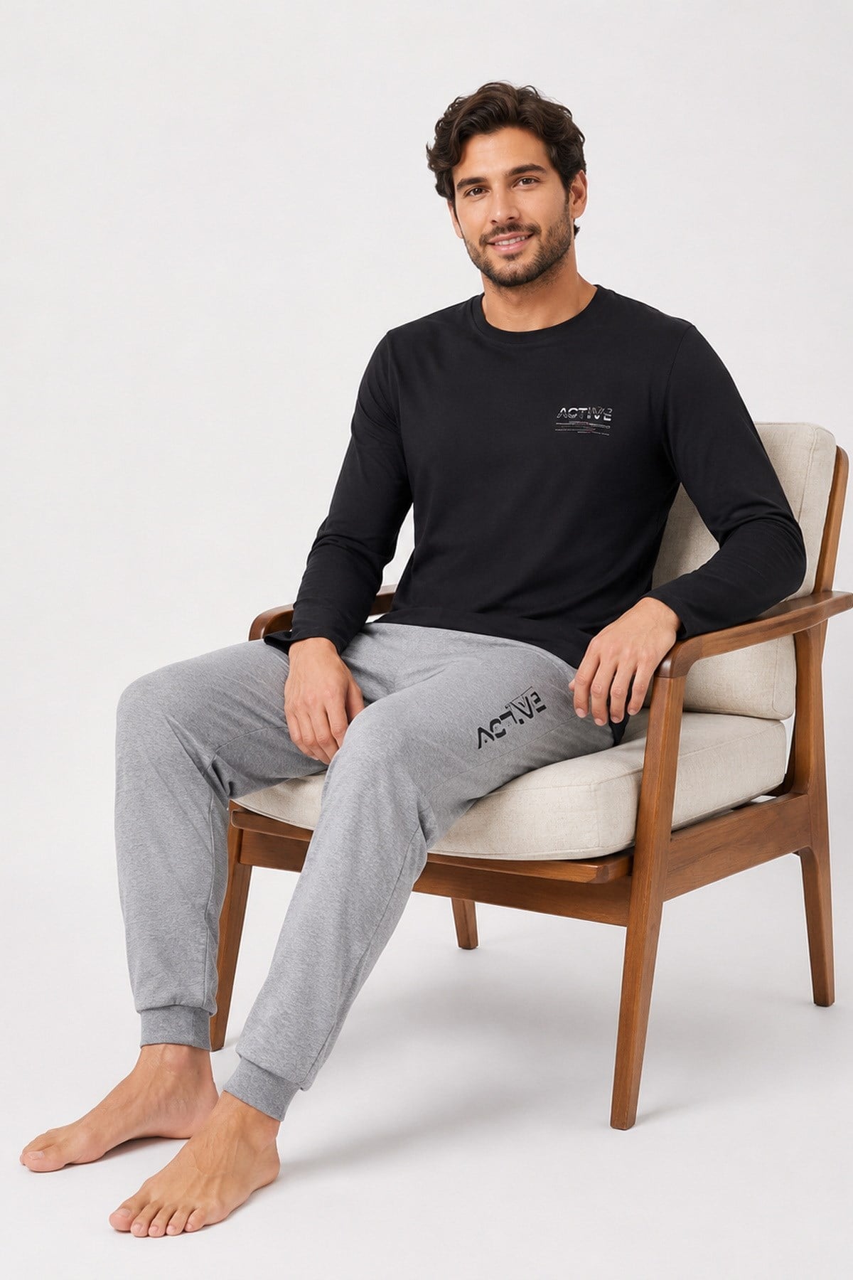 Erkek Uzun Kol %100 Pamuk Pijama Takımı Siyah