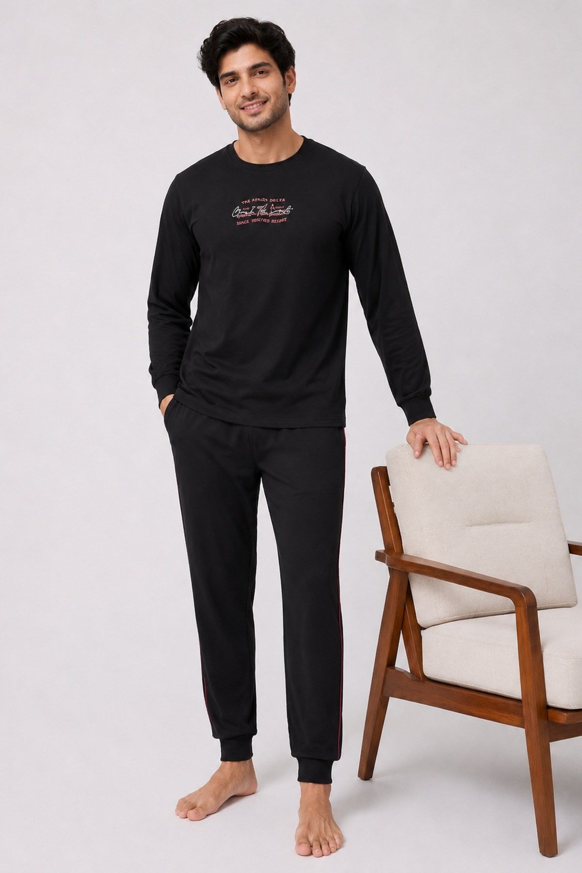 Erkek Uzun Kol %100 Pamuk Pijama Takımı Siyah