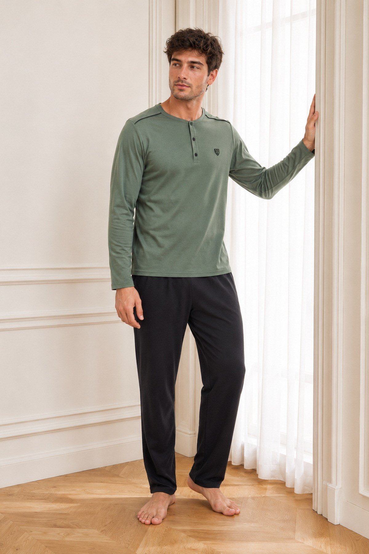 Erkek Uzun Kol %100 Pamuk Pijama Takımı Haki