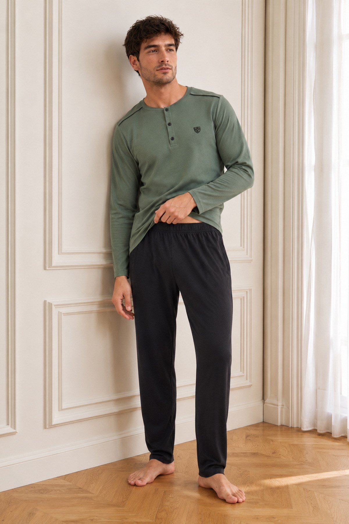 Erkek Uzun Kol %100 Pamuk Pijama Takımı Haki