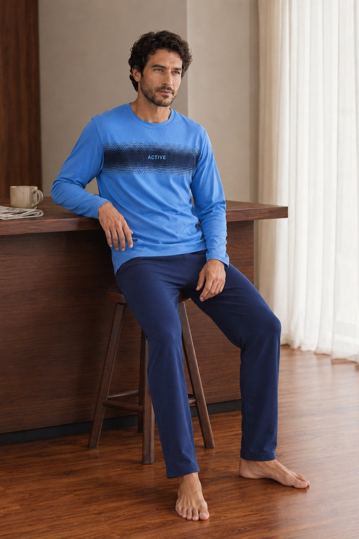 Erkek Uzun Kol %100 Pamuk Pijama Takımı Mavi