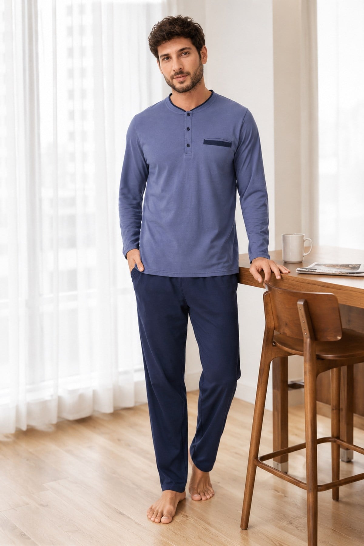 Erkek Uzun Kol %100 Pamuk Pijama Takımı Lacivert