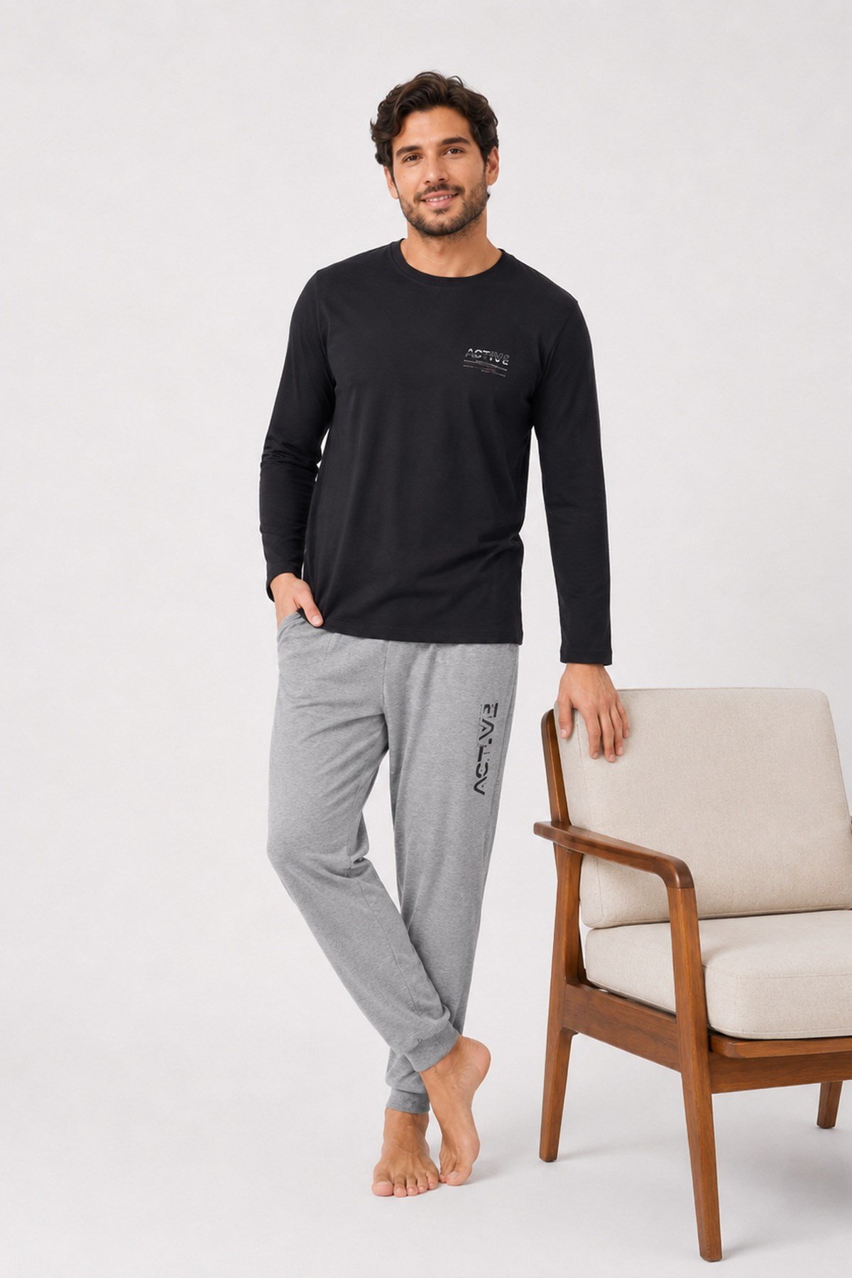 Erkek Uzun Kol %100 Pamuk Pijama Takımı Siyah