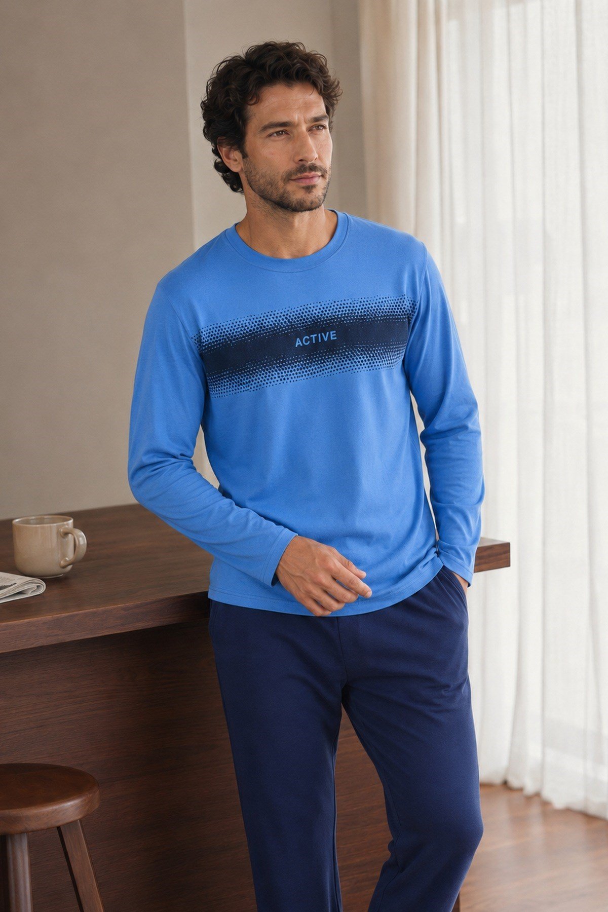 Erkek Uzun Kol %100 Pamuk Pijama Takımı Mavi