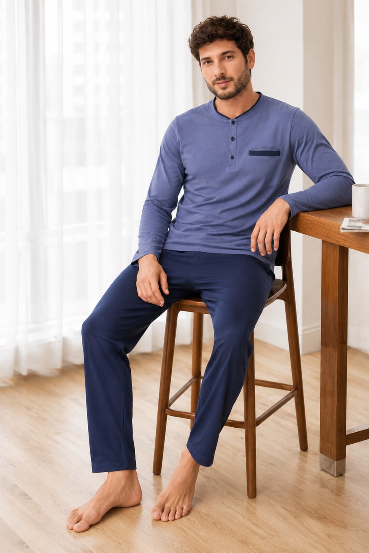 Erkek Uzun Kol %100 Pamuk Pijama Takımı Lacivert