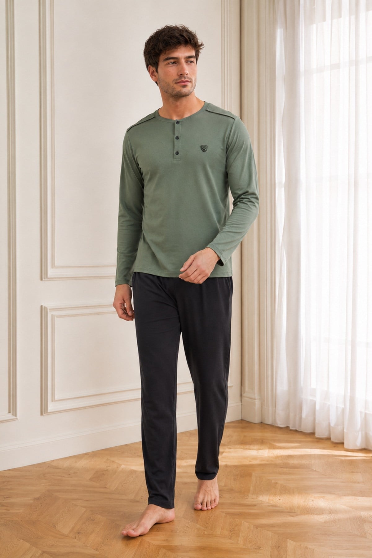 Erkek Uzun Kol %100 Pamuk Pijama Takımı Haki