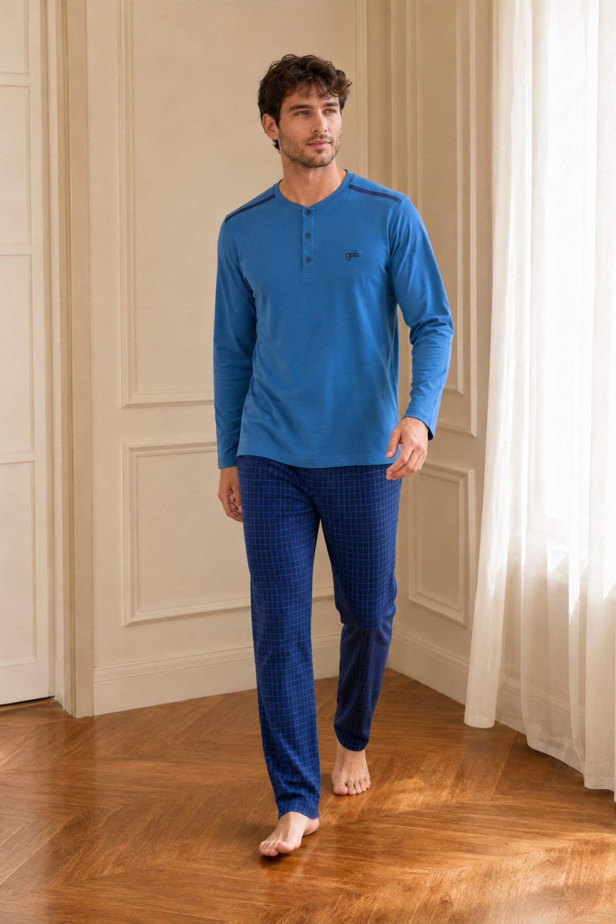 Erkek Uzun Kol %100 Pamuk Pijama Takımı Mavi