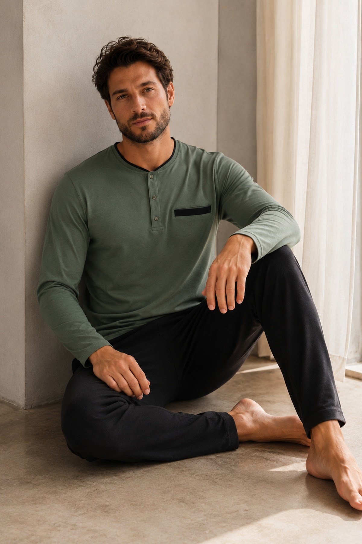 Erkek Uzun Kol %100 Pamuk Pijama Takımı Haki