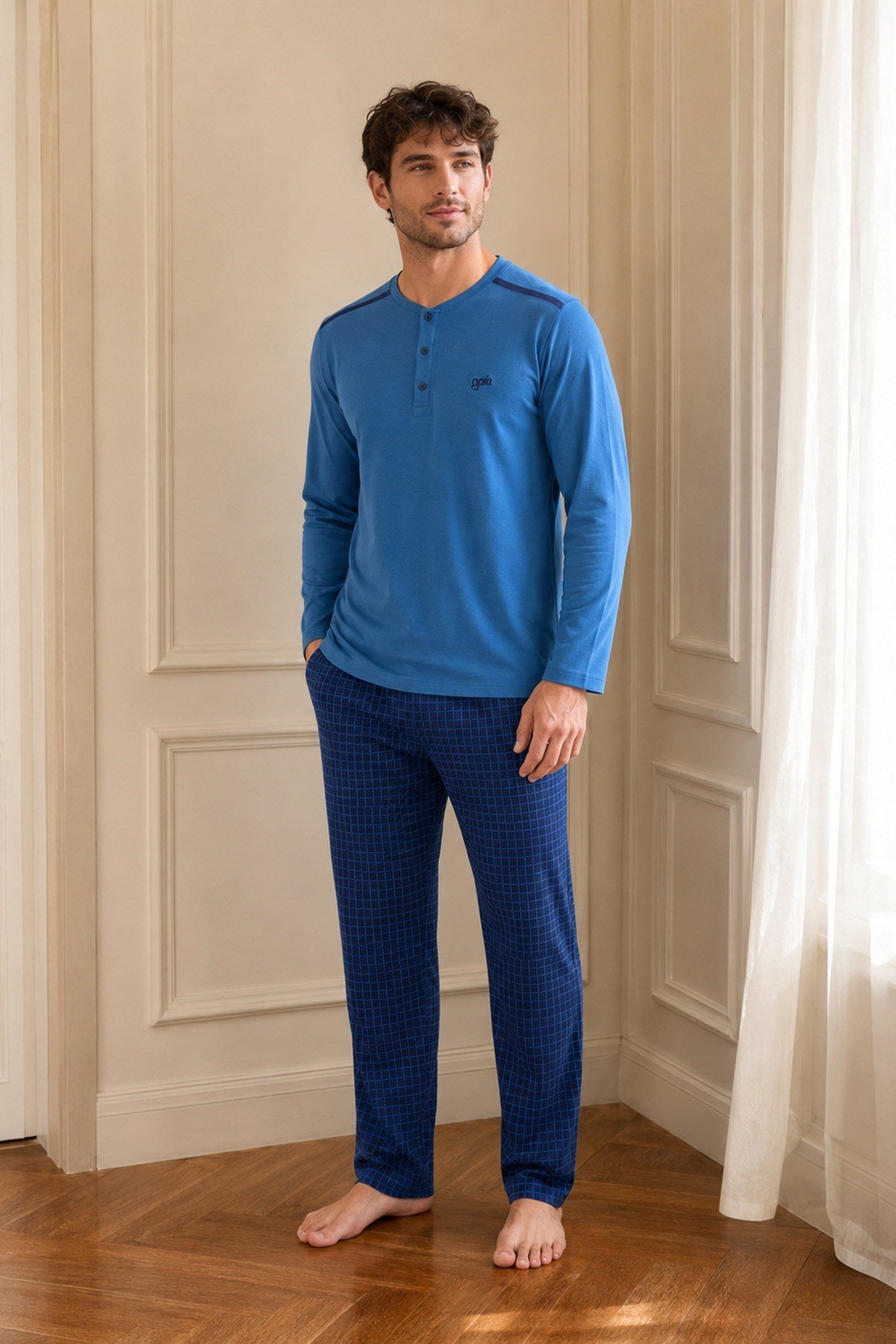 Erkek Uzun Kol %100 Pamuk Pijama Takımı Mavi