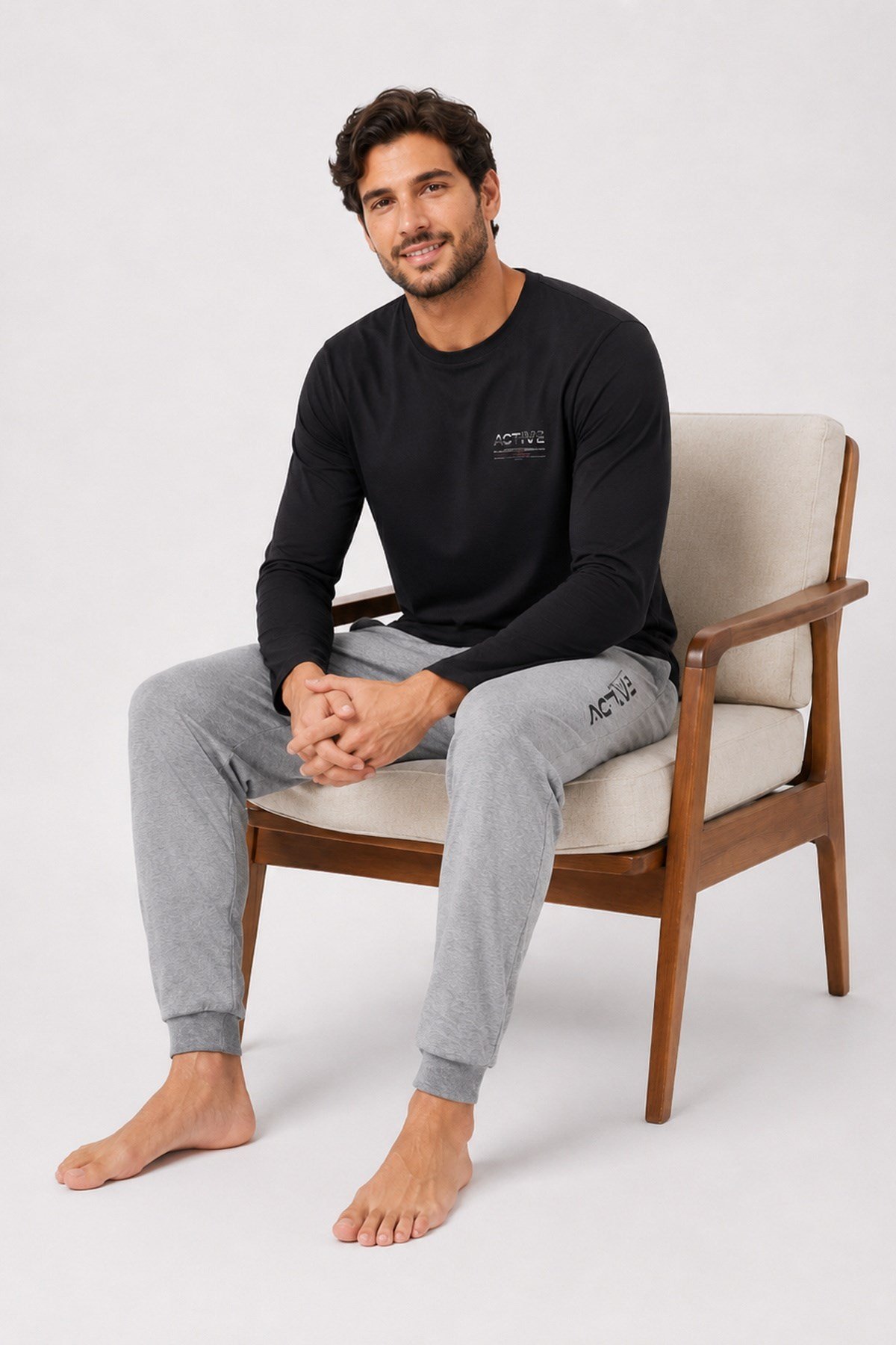 Erkek Uzun Kol %100 Pamuk Pijama Takımı Siyah