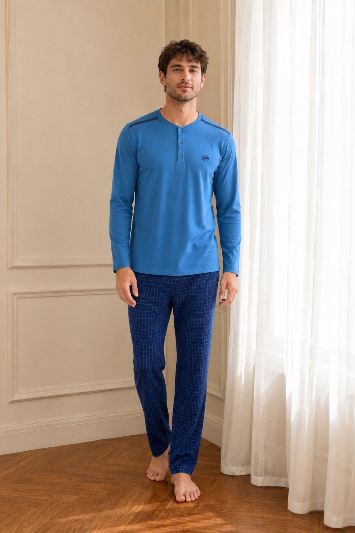 Erkek Uzun Kol %100 Pamuk Pijama Takımı Mavi