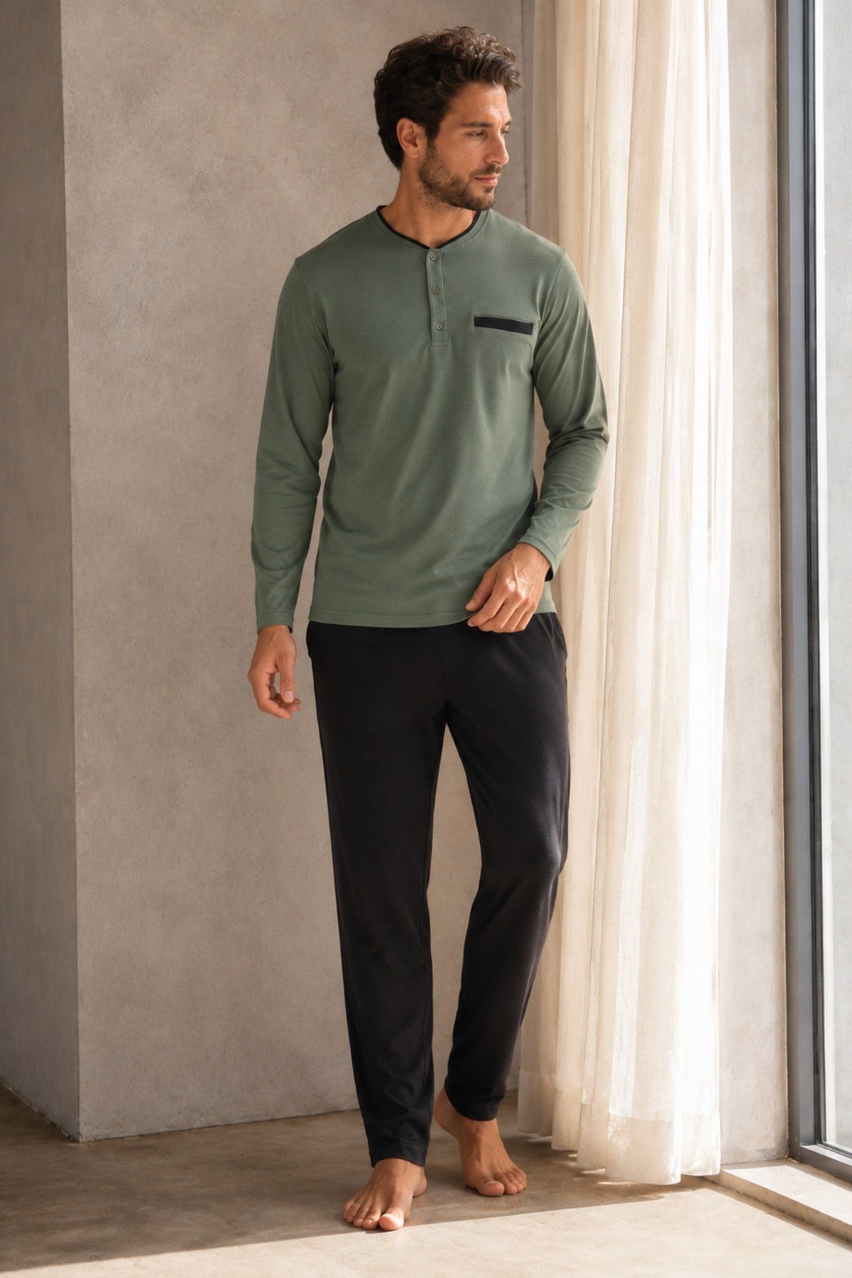 Erkek Uzun Kol %100 Pamuk Pijama Takımı Haki