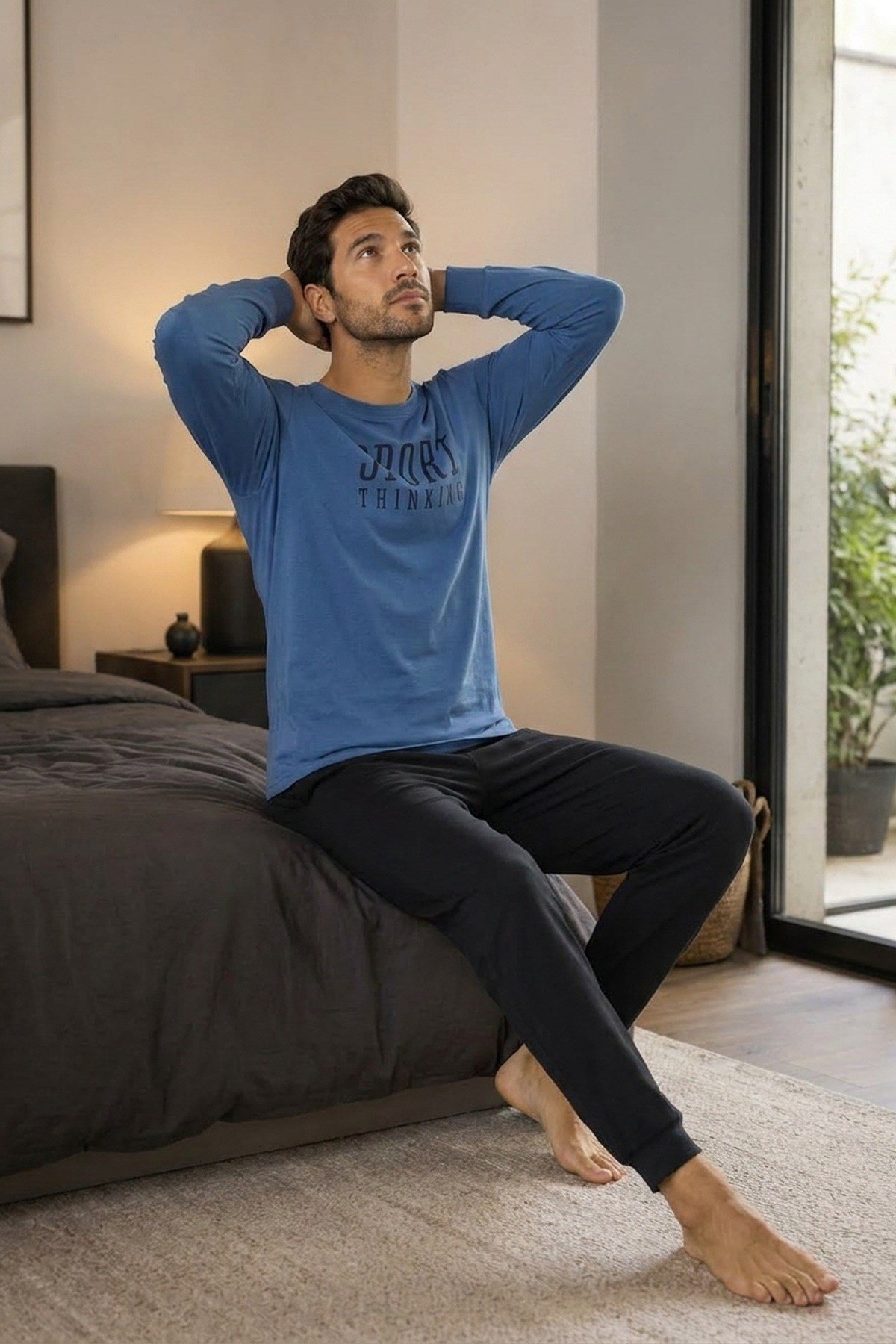 Erkek Uzun Kol %100 Pamuk Pijama Takımı Mavi