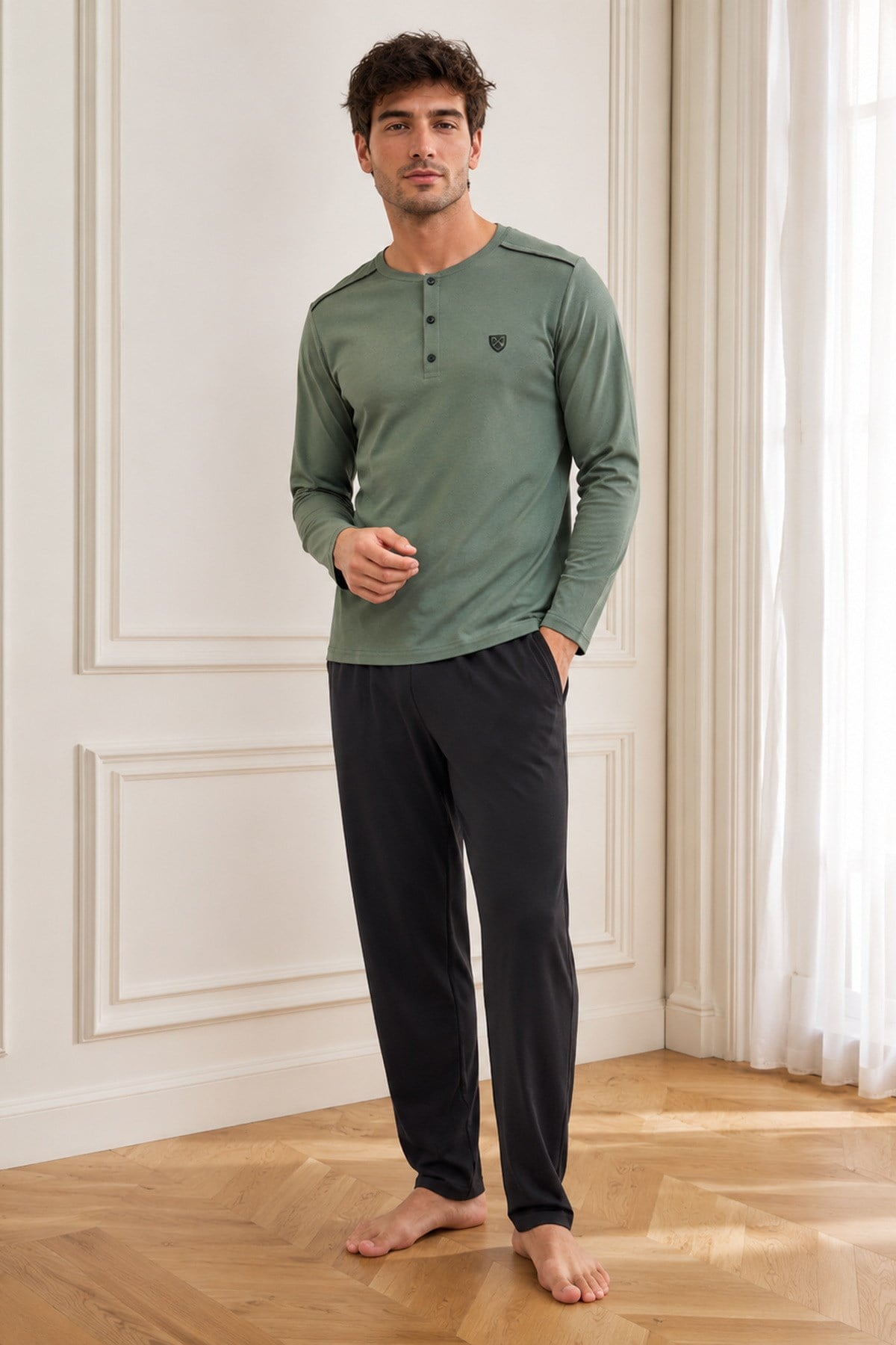 Erkek Uzun Kol %100 Pamuk Pijama Takımı Haki