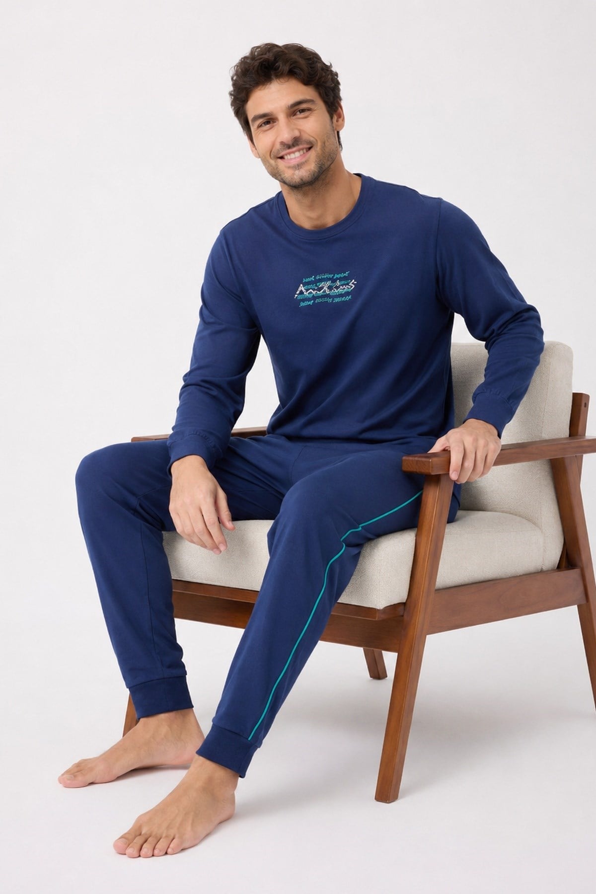 Erkek Uzun Kol %100 Pamuk Pijama Takımı Lacivert