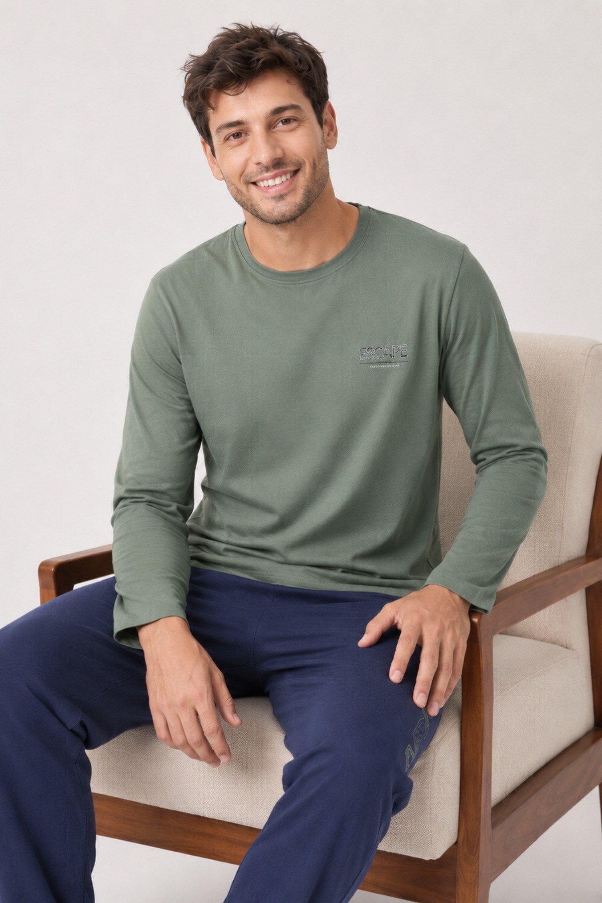 Erkek Uzun Kol %100 Pamuk Pijama Takımı Haki