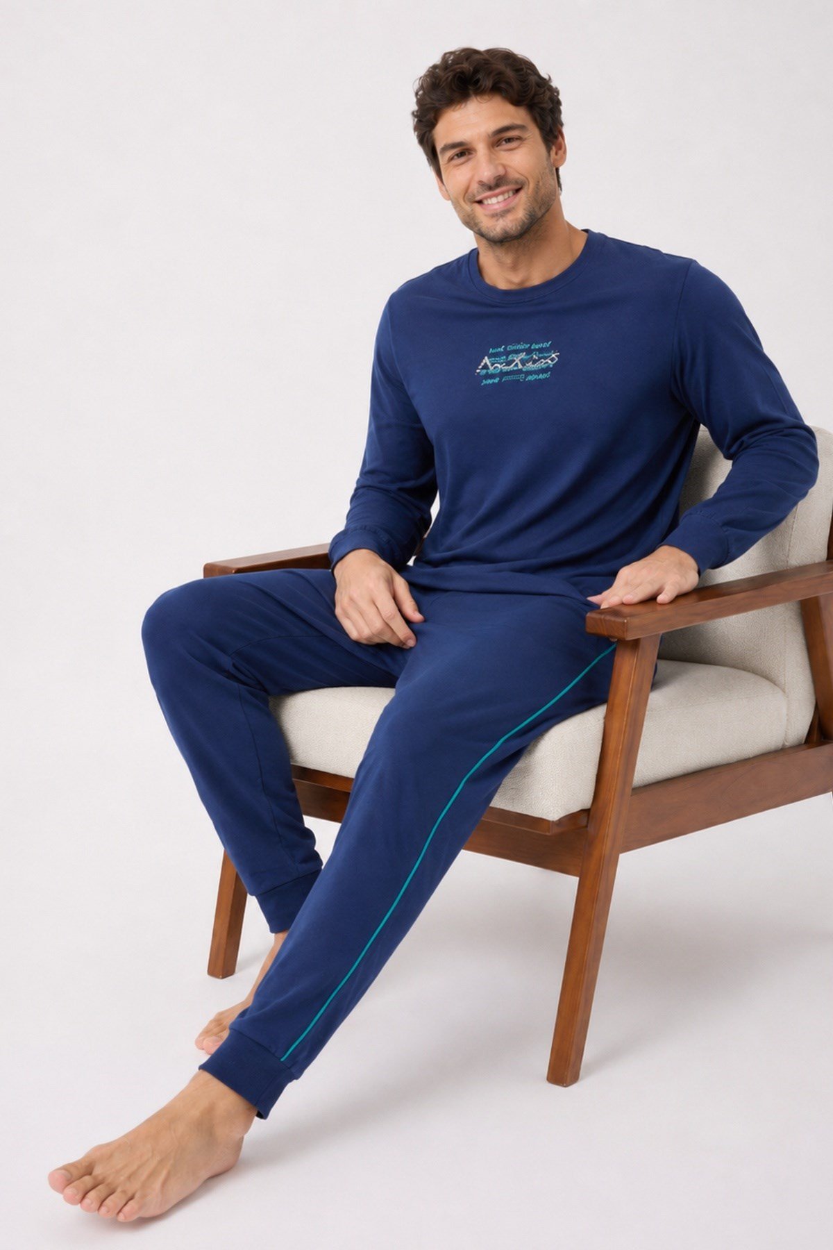 Erkek Uzun Kol %100 Pamuk Pijama Takımı Lacivert