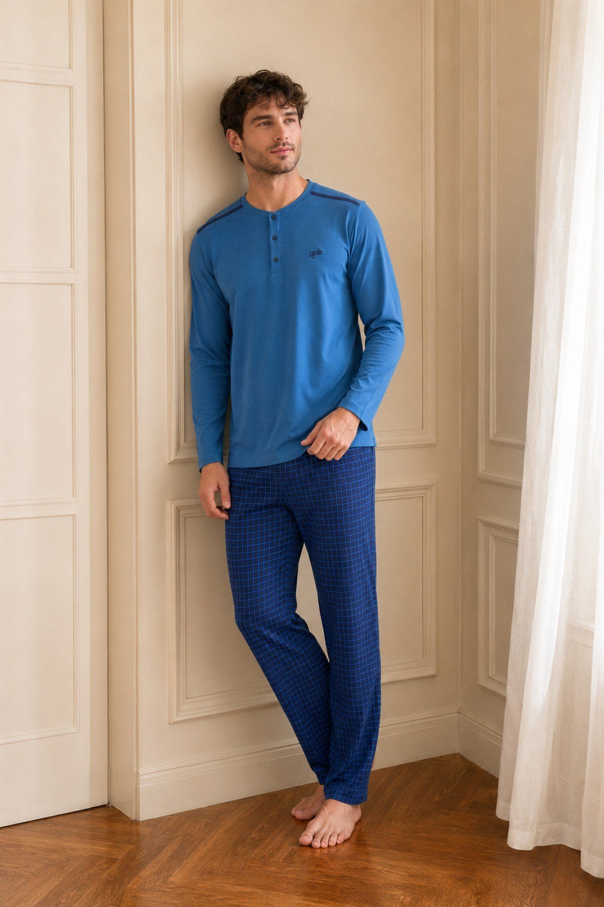 Erkek Uzun Kol %100 Pamuk Pijama Takımı Mavi