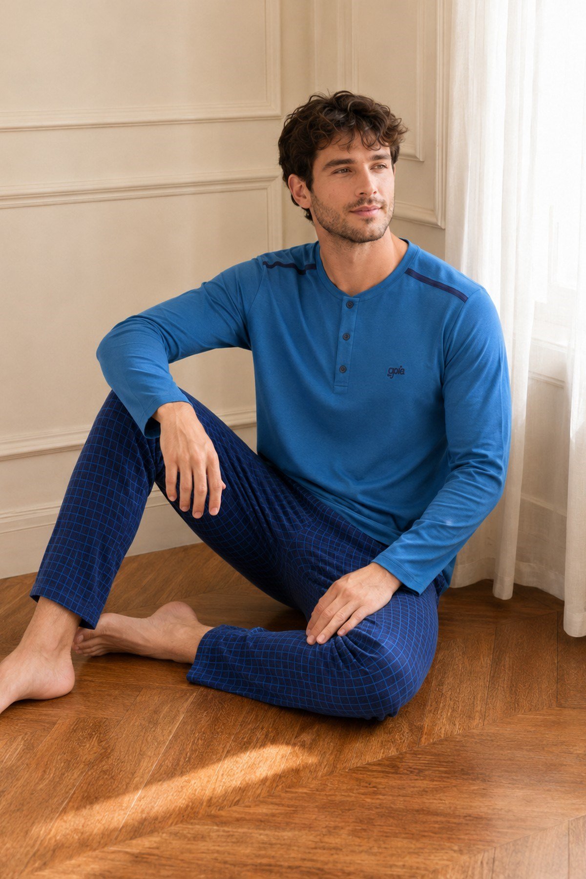 Erkek Uzun Kol %100 Pamuk Pijama Takımı Mavi