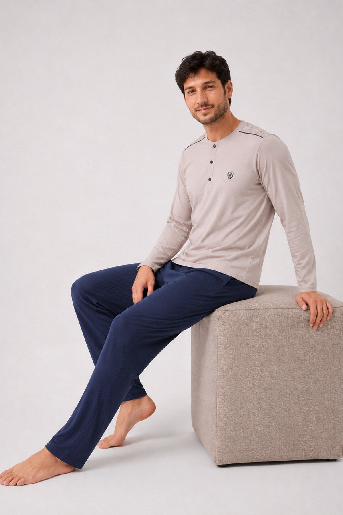 Erkek Uzun Kol %100 Pamuk Pijama Takımı Bej
