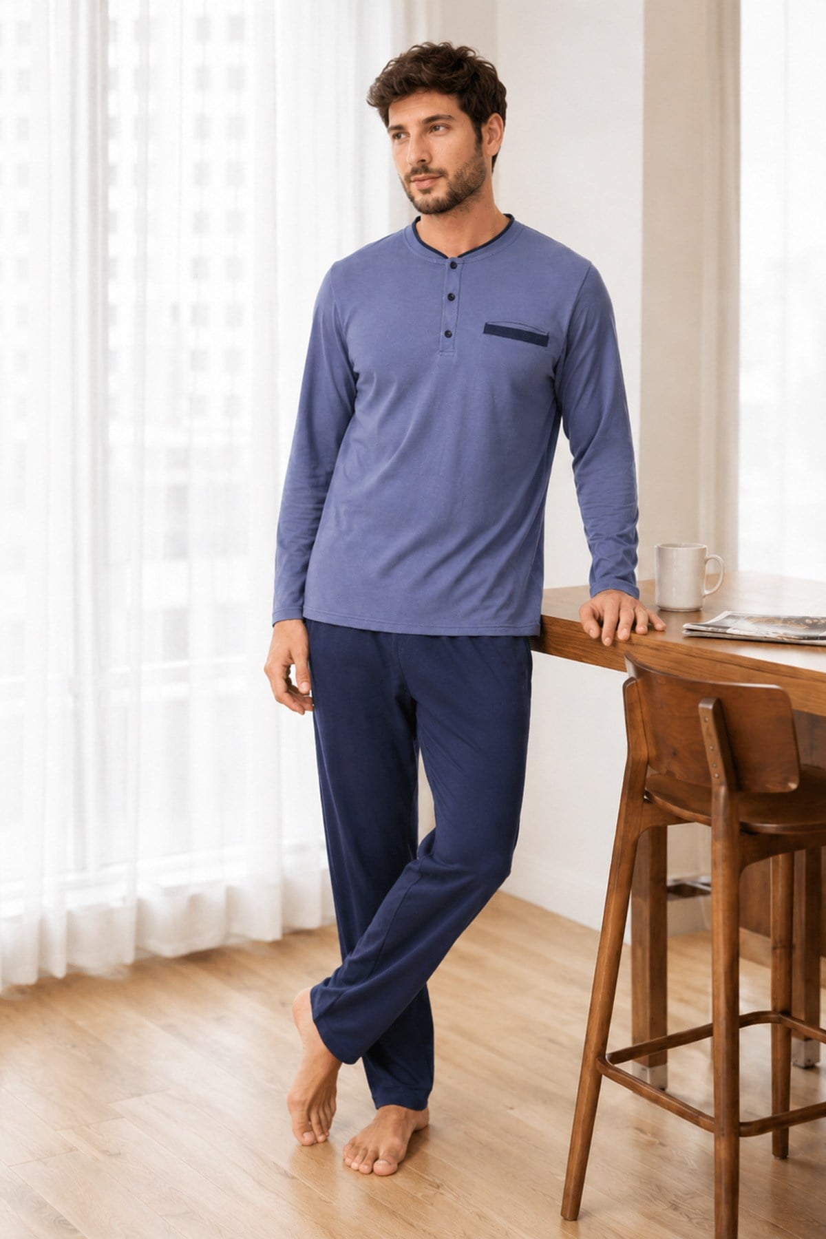 Erkek Uzun Kol %100 Pamuk Pijama Takımı Lacivert