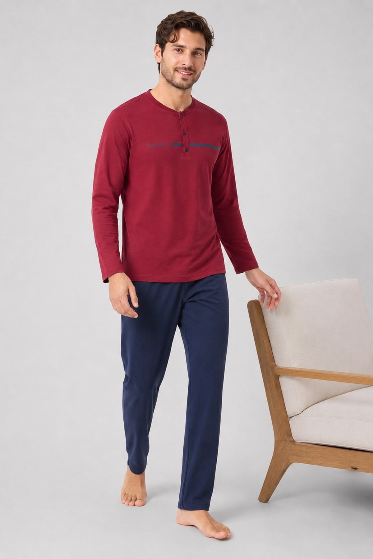Erkek Uzun Kol %100 Pamuk Pijama Takımı Bordo
