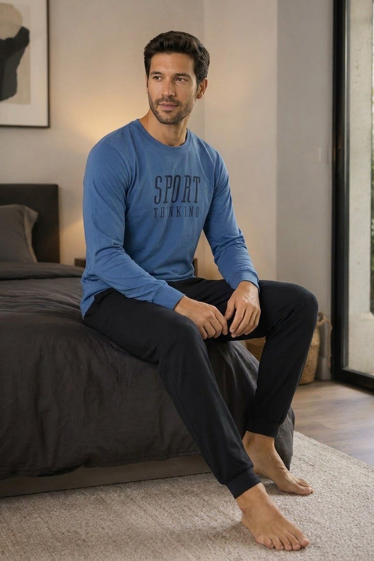 Erkek Uzun Kol %100 Pamuk Pijama Takımı Mavi
