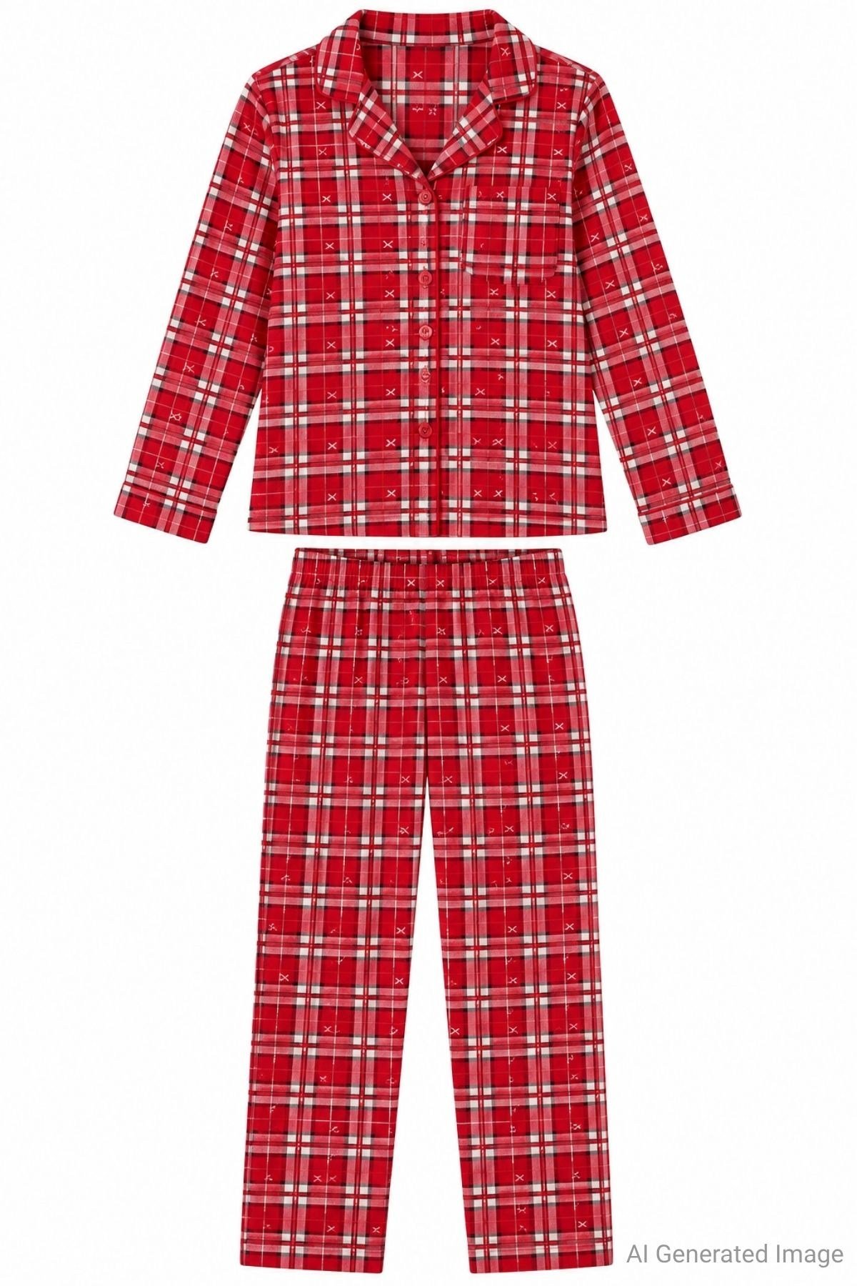 Kadın Ekose Desenli Düğmeli Uzun Kollu Pijama Takımı Kırmızı %100 Pamuk