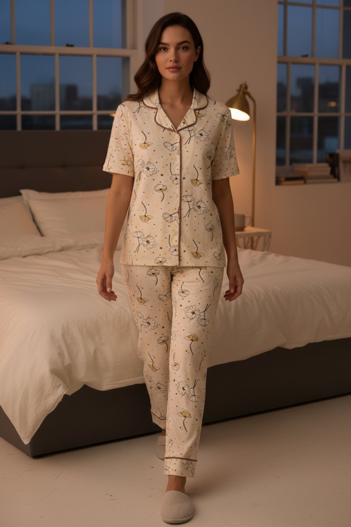 Kadın Kısa Kollu Likralı Düğmeli Pijama Takımı Krem