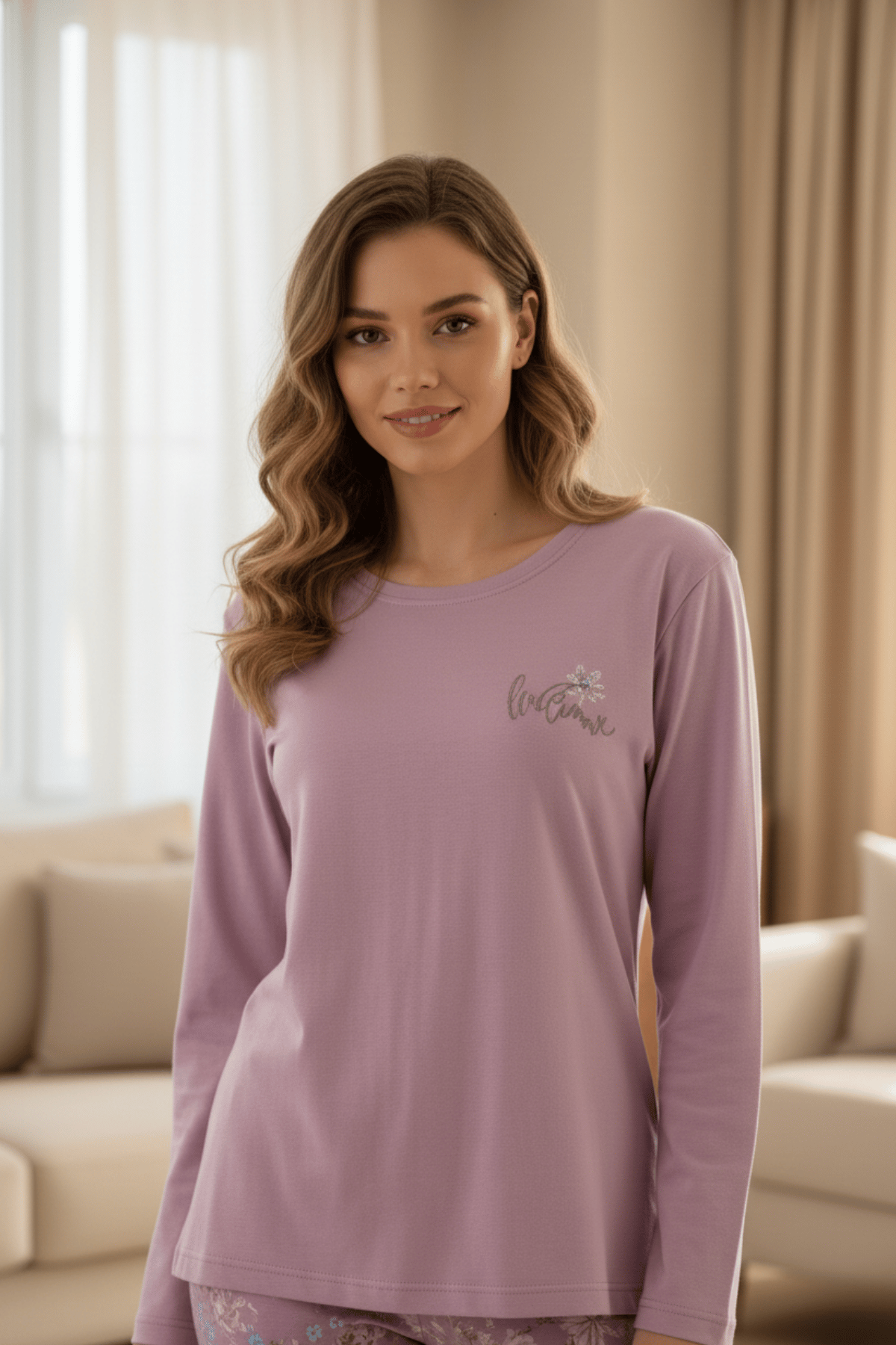 Kadın Pembe Uzun Kollu %100 Pamuk Pijama Takımı Rahat ve Yumuşak Dokulu