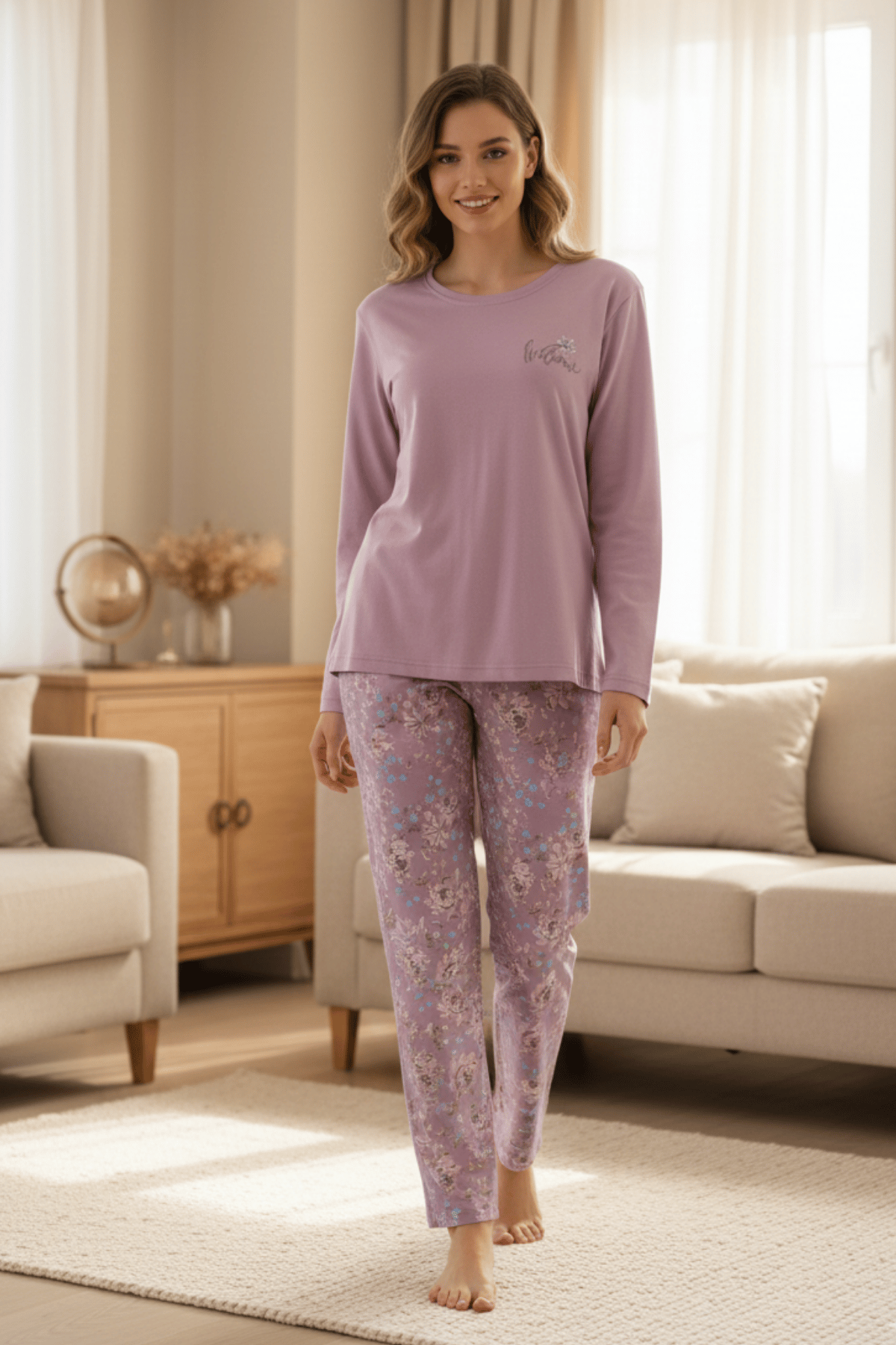 Kadın Pembe Uzun Kollu %100 Pamuk Pijama Takımı Rahat ve Yumuşak Dokulu